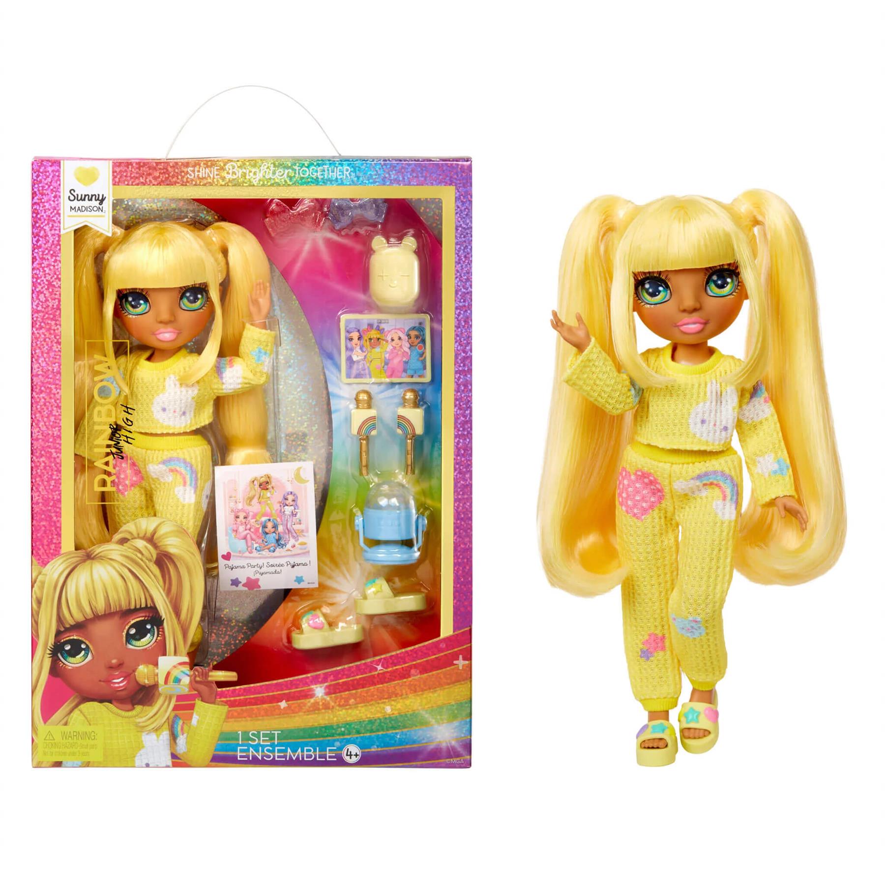 Rainbow High Junior High PJ Party Sunny (Yellow) 9” Posable Doll in a Yellow PJ Set
