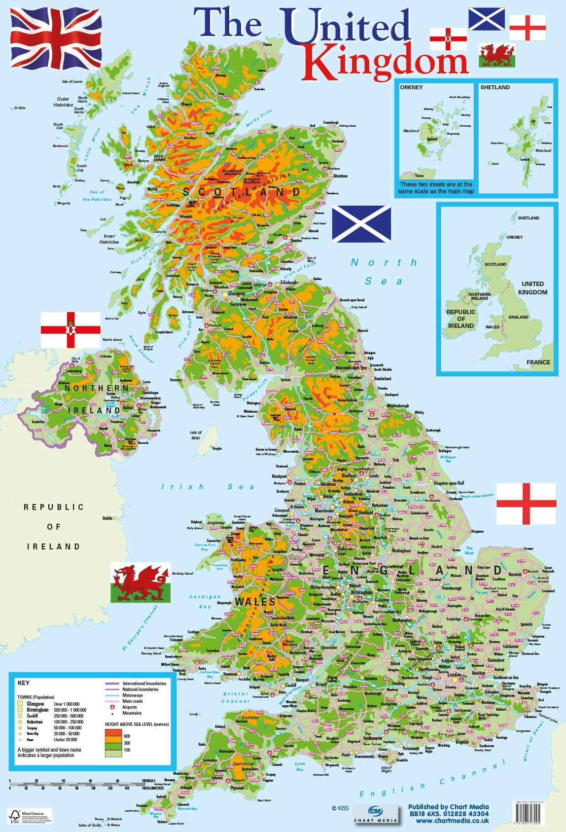 Map of the United Kingdom Wall Chart 60 x 40 cm