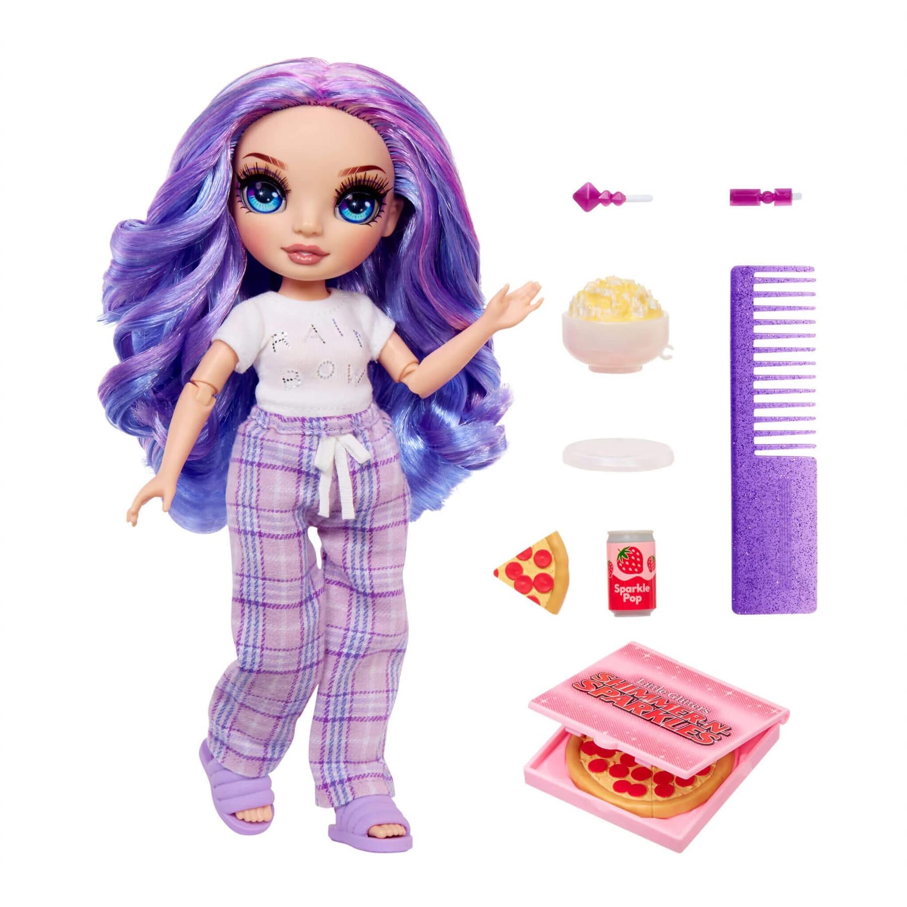 Rainbow High Junior High PJ Party Violet (Purple) 9” Posable Doll in Adorable Pajamas
