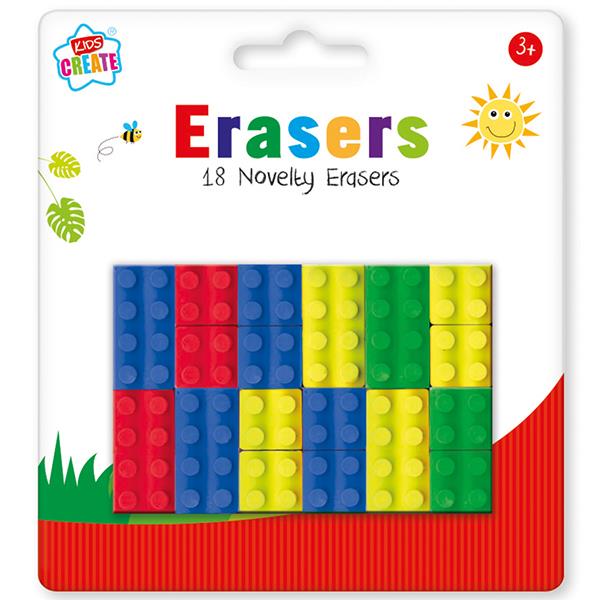 Children's Pack of 18 Colourful Brick Shape Novelty Erasers